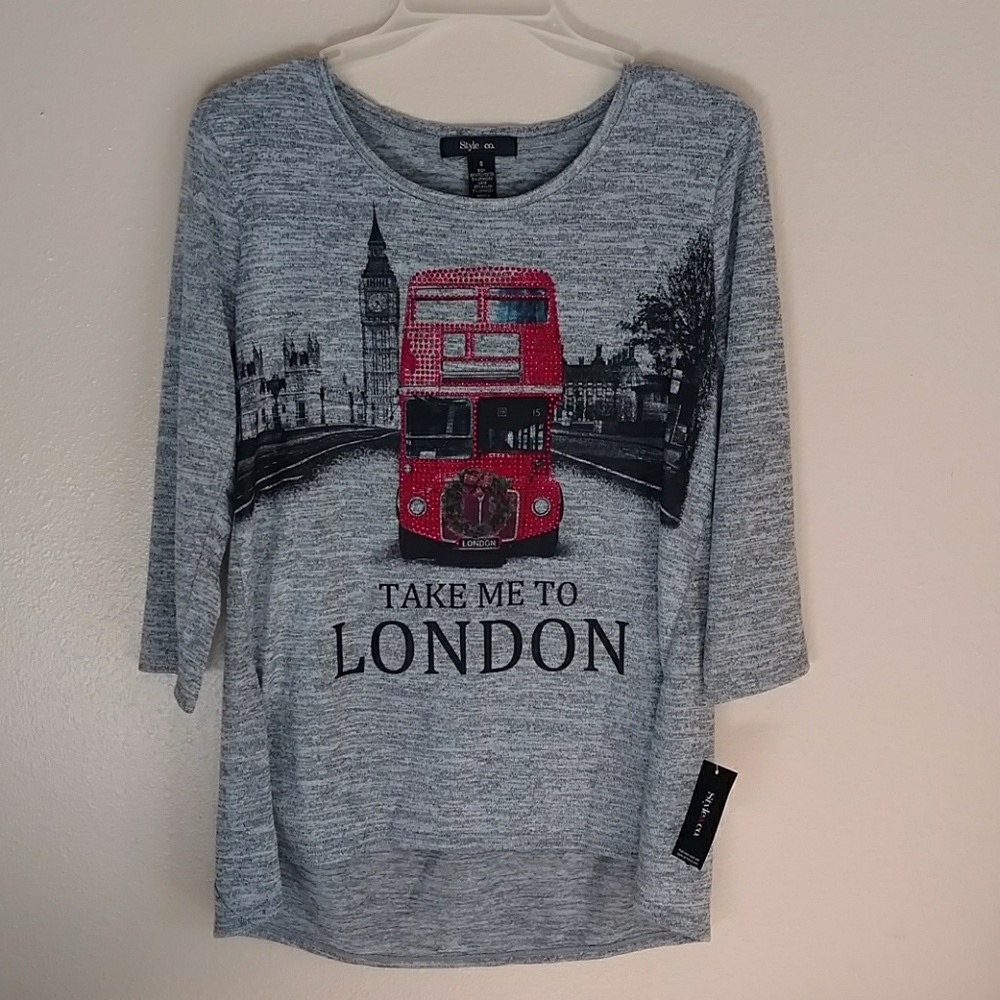 Style and Co. Gray Hi-Lo "Take Me to London" Top